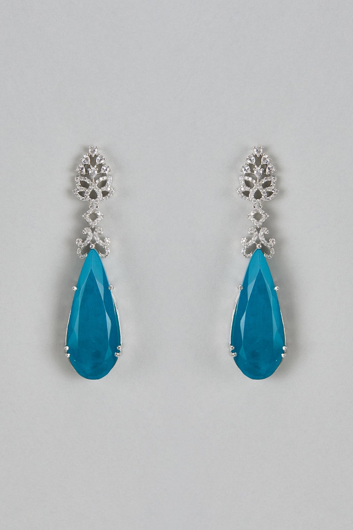 White Finish Aqua Stone & Zircon Dangler Earrings