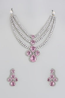 White Finish Pink Stone & Zircon Layered Necklace Set