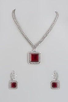 White Finish Red Stone & Zircon Long Necklace Set