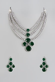 White Finish Green Stone & Zircon Layered Necklace Set