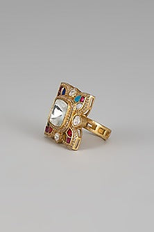 Gold Finish Kundan Polki & Multi-Colored Stone Ring