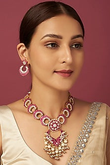 Gold Finish Kundan Polki Long Necklace Set In Copper