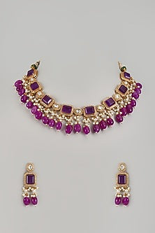 Gold Finish Purple Kundan Polki Choker Necklace Set