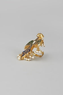 Gold Finish Multi-Colored Kundan Polki Bird Ring