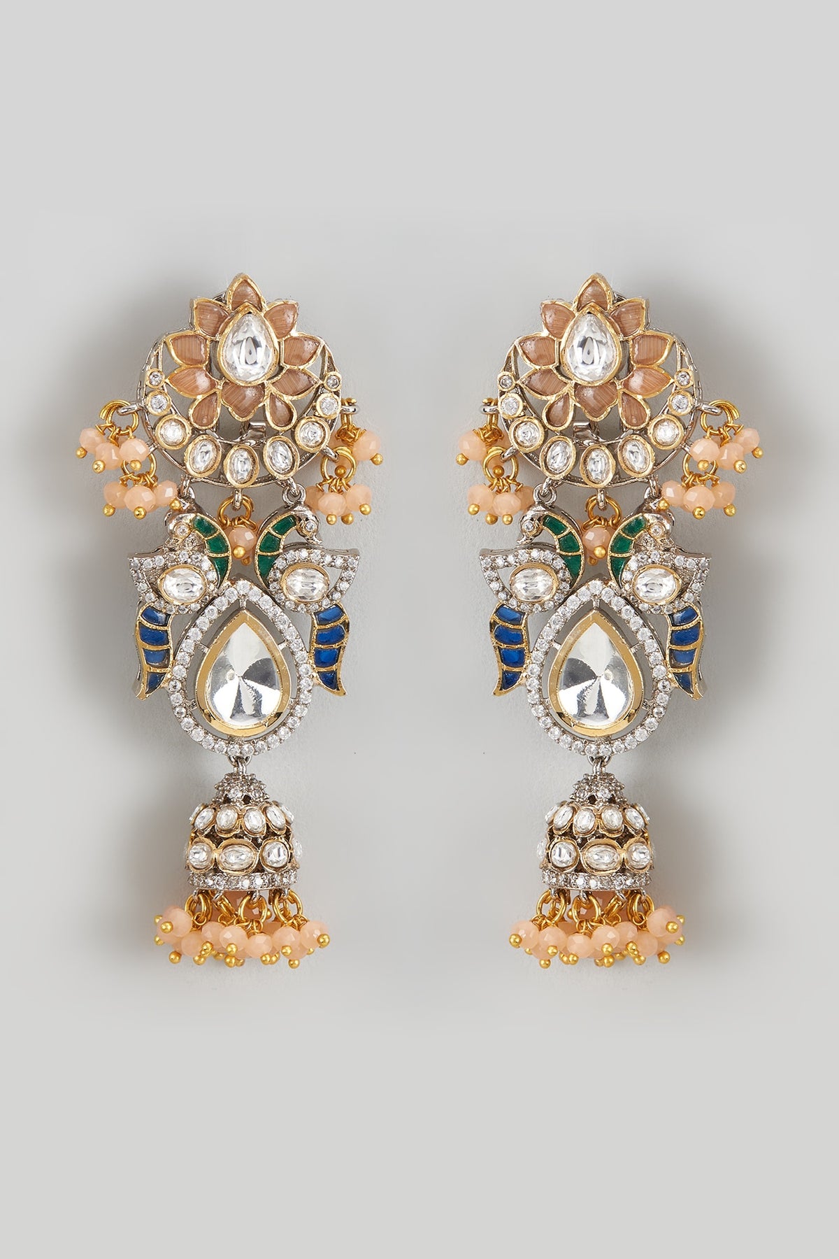Gold Finish Orange Kundan Polki Chandbali Earrings