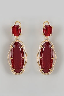 Gold Finish Red Kundan Polki Dangler Earrings