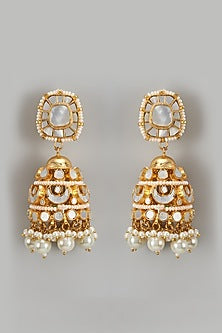 Gold Finish Kundan Polki & Pearl Drop Jhumka Earrings