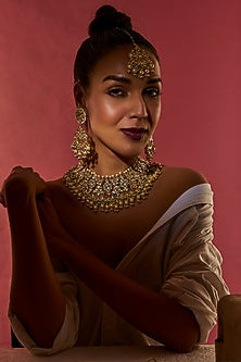 Gold Finish White Kundan Polki Necklace Set