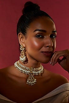 Gold Finish White Kundan Polki Necklace Set