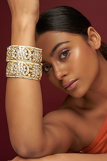 Gold Finish Kundan Polki Bangles (Set of 2)