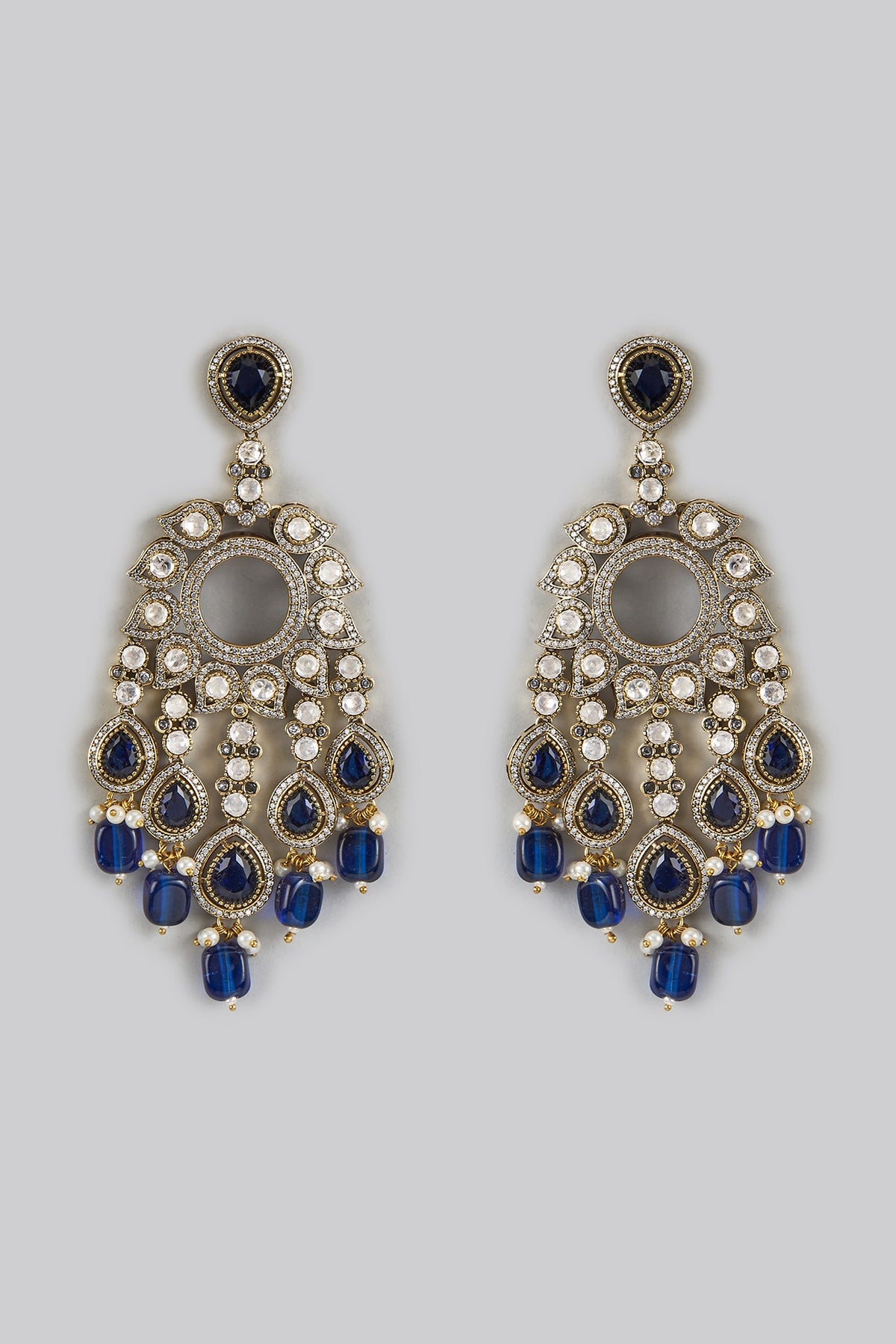 Two Tone Finish Blue Kundan Polki Chandbali Earrings