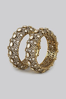 Two Tone Finish White Kundan Polki Bangles (Set Of 2)