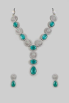 White Finish Zircon & Aqua Stone Long Necklace Set