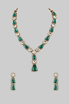 Gold Finish Aqua Kundan Polki Long Necklace Set