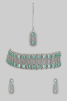 White Finish Blue Zircon Choker Necklace Set