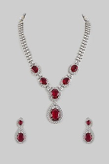 White Finish Red Zircon Long Necklace Set