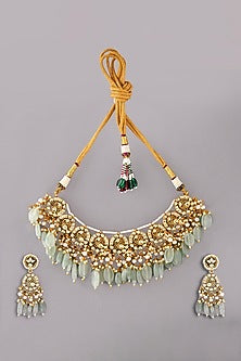 Gold Finish Green Kundan Polki Necklace Set