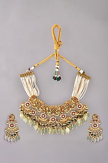 Gold Finish Green Kundan Polki Necklace Set