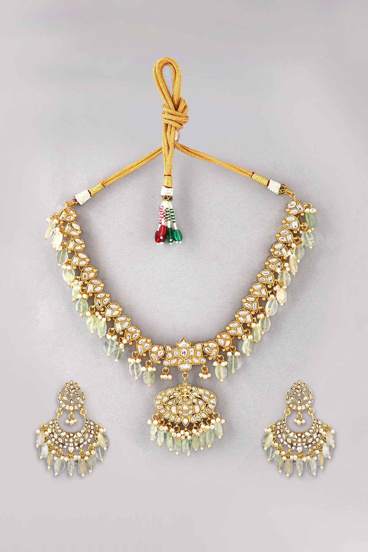 Gold Finish Green Kundan Polki Necklace Set