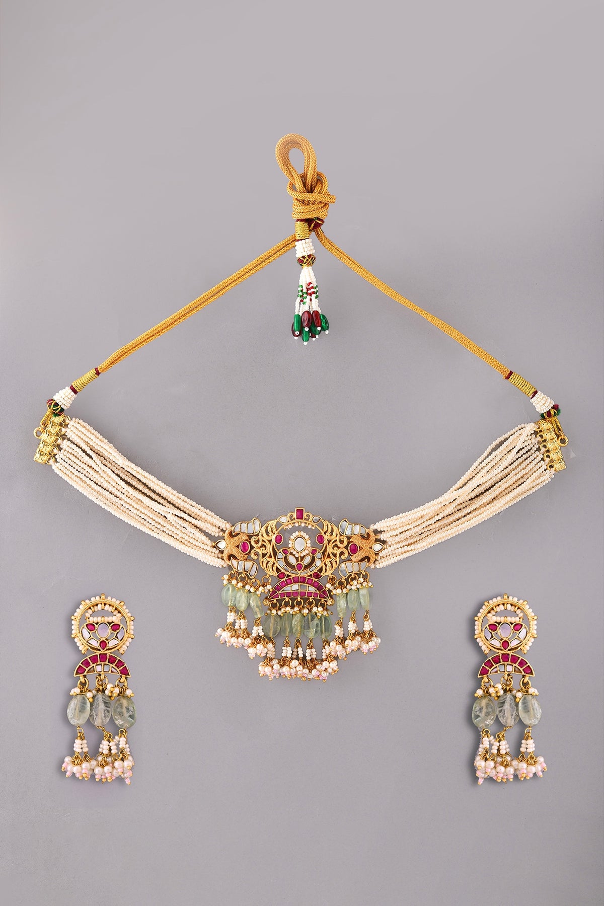 Gold Finish Green Kundan Polki & Mother Of Pearl Choker Necklace Set