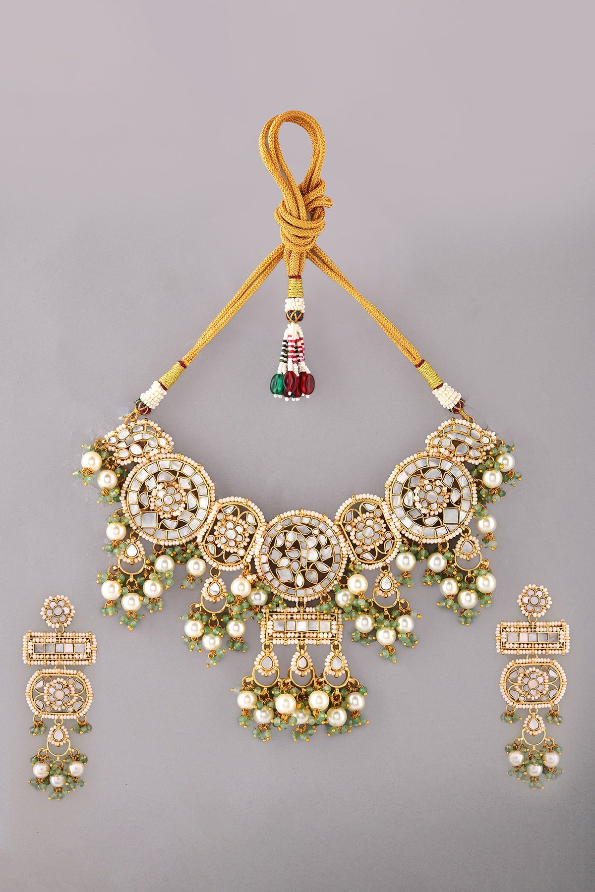 Gold Finish Kundan Polki & Mother Of Pearl Necklace Set