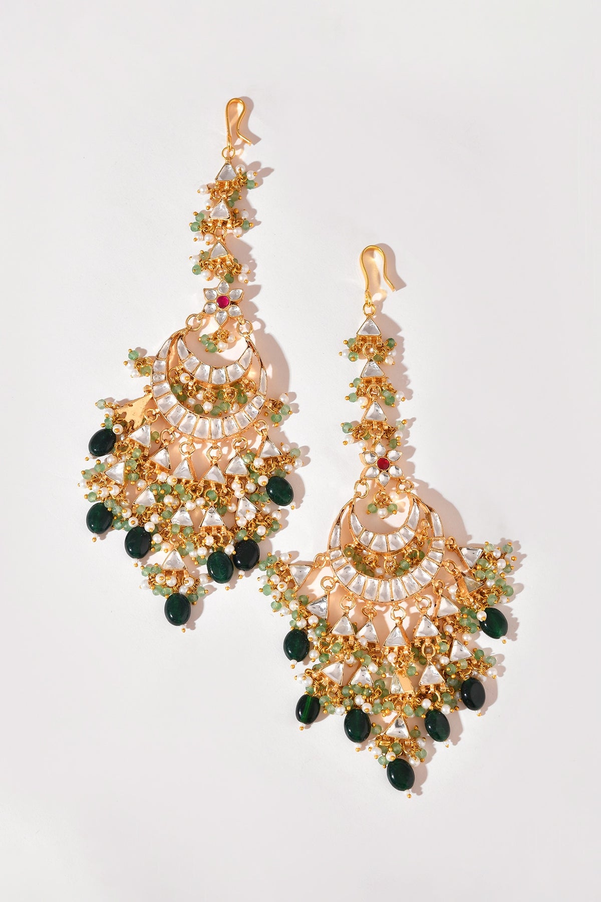 Gold Finish Green Kundan Polki Chandbali Earrings