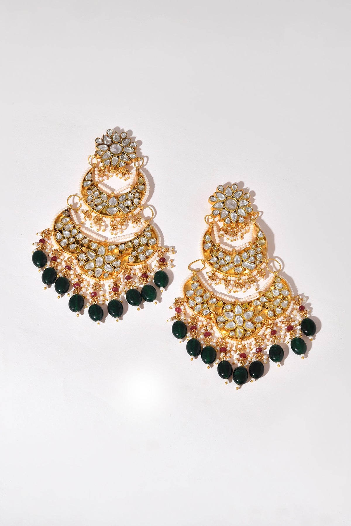 Gold Finish Green Kundan Polki Chandbali Earrings