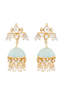 Gold Plated Pearl Aqua Enamel Earrings