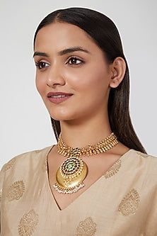 Gold Finish Gemstone & Kundan Polki Temple Necklace