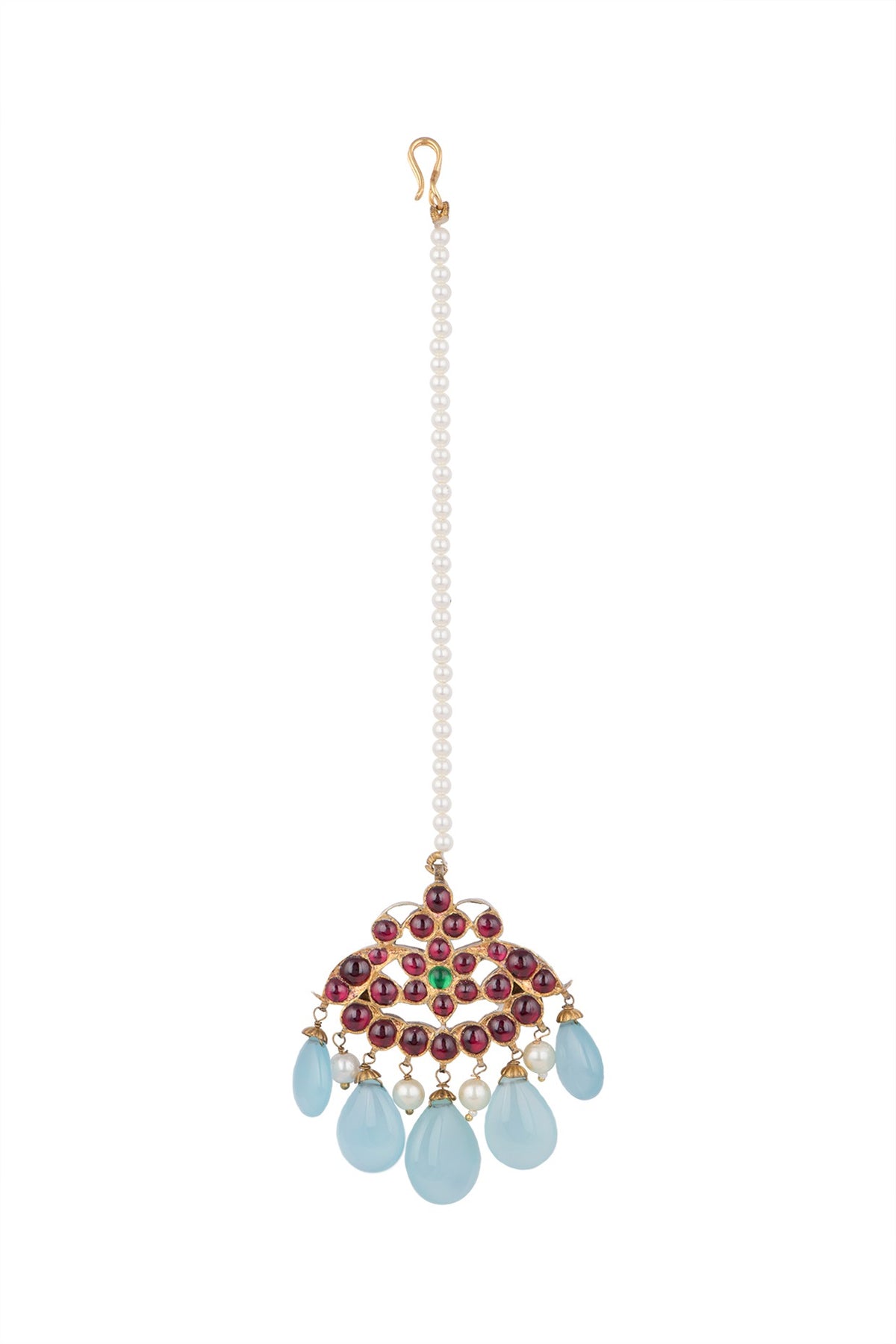 Gold Plated Blue & Kemp Stone Maang Tikka In Sterling Silver