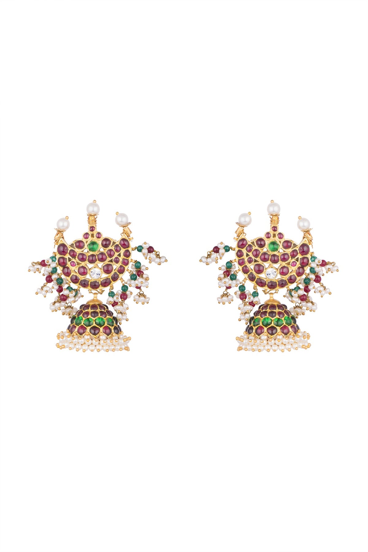 Gold Plated Kemp Stone Chandrabali Jhumka Earring In Sterling Silver