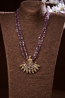 Gold Finish Purple Amethyst & Crescent Motif Necklace In Sterling Silver