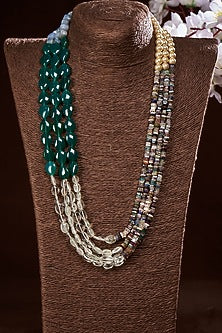 Gold Finish Blue Opal & Onyx Mala In Sterling Silver