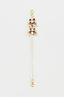 Gold Finish Red Stone Dangler Ear Chains In Sterling Silver