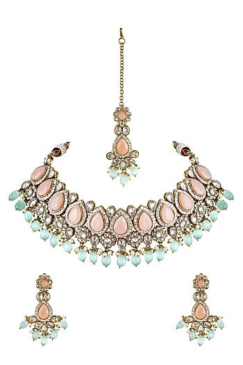 Gold Finish Pearl & Crystals Choker Necklace Set