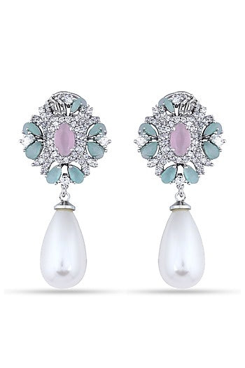 Two Tone Finish Cubic Zircons & Pearl Dangler Earrings