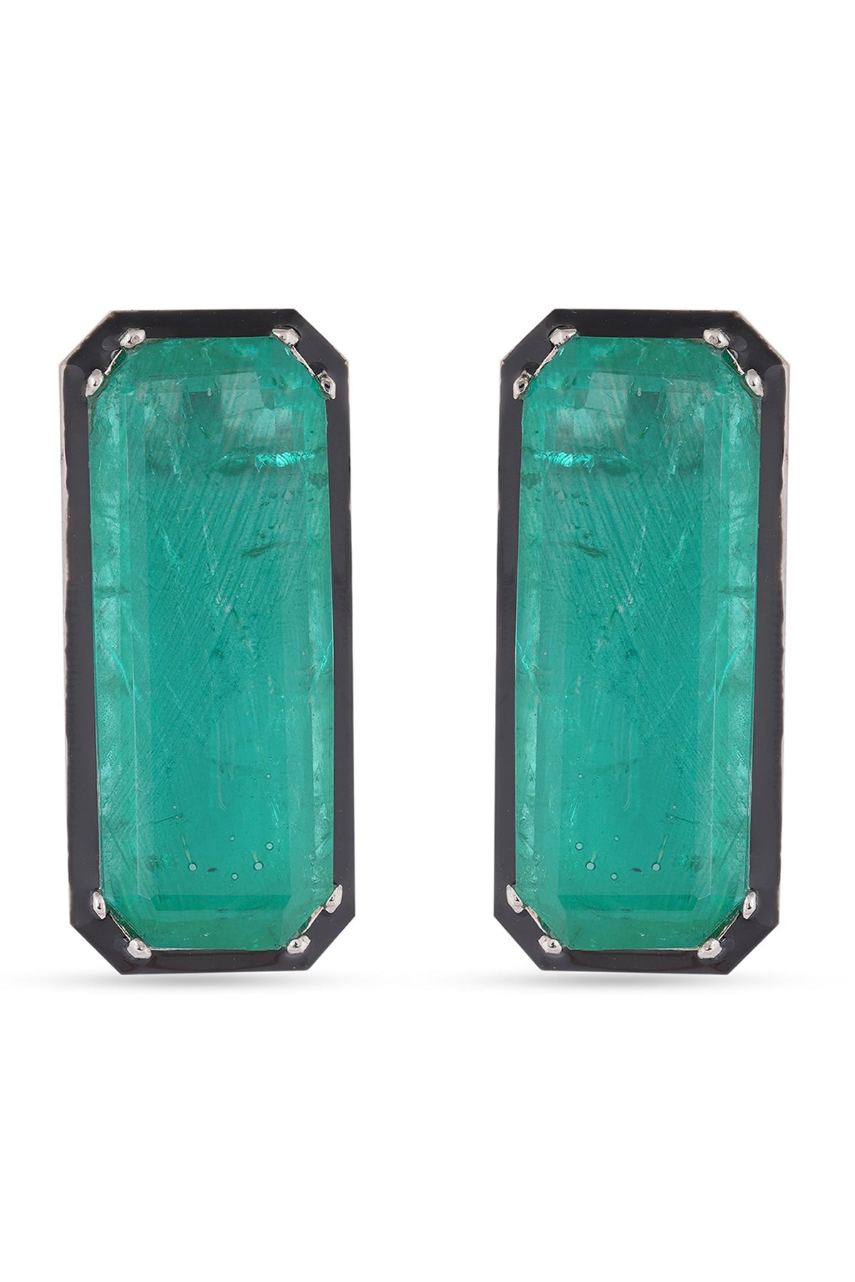 White Finish Zircons & Green Stone Stud Earrings