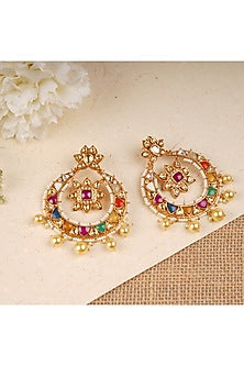 Gold Finish Navratna Chandbali Earrings