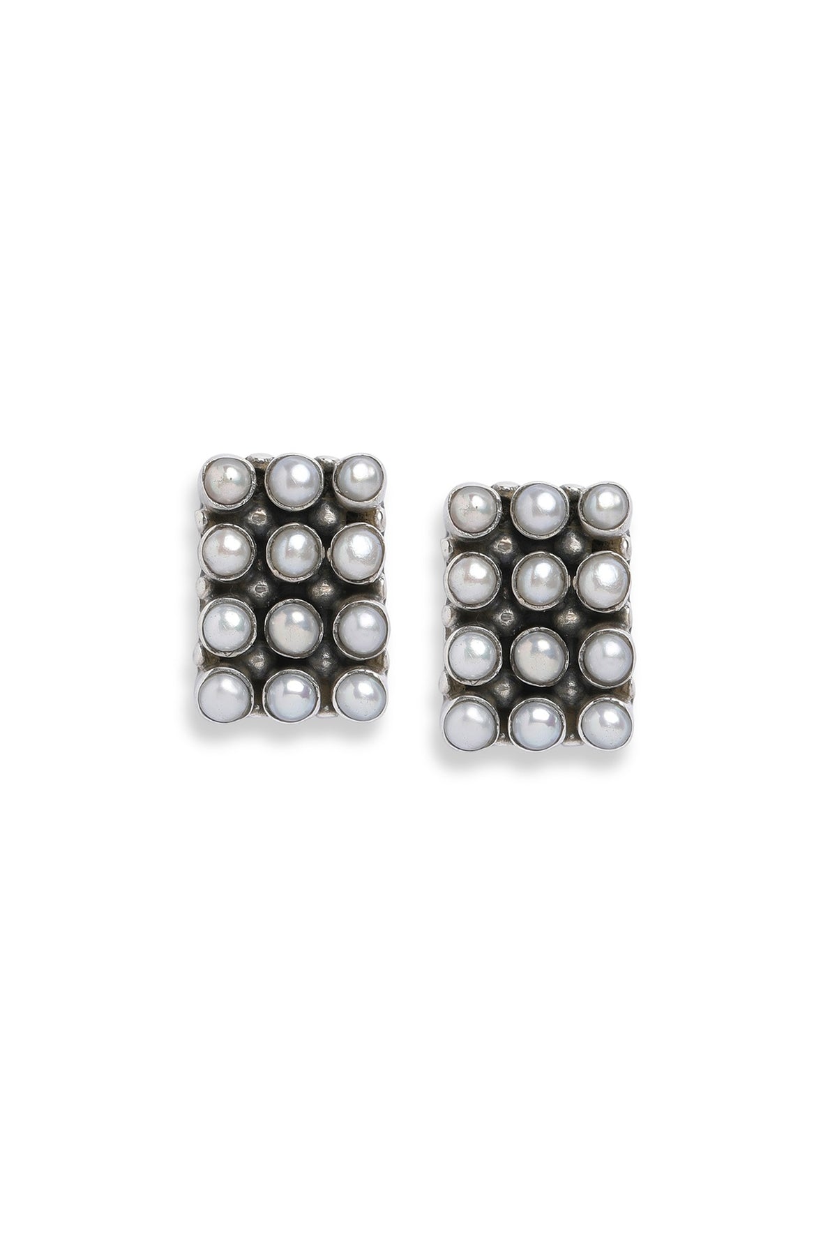 White Pearl Rectangle Stud Earrings In Sterling Silver
