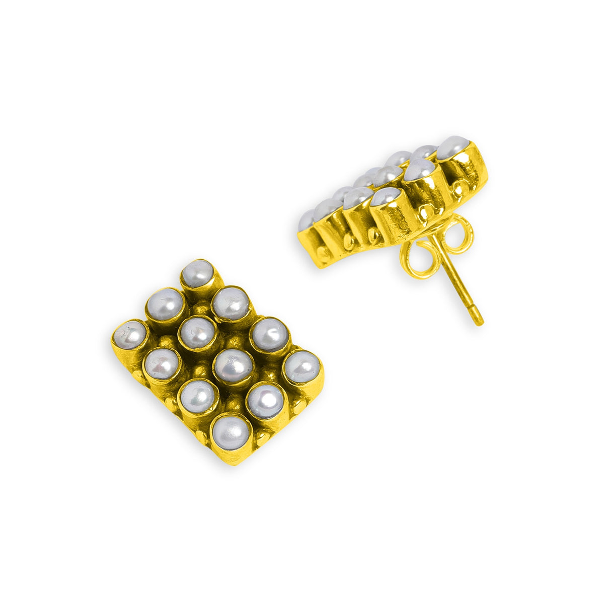 Gold Plated Pearl Rectangle Stud Earrings In Sterling Silver