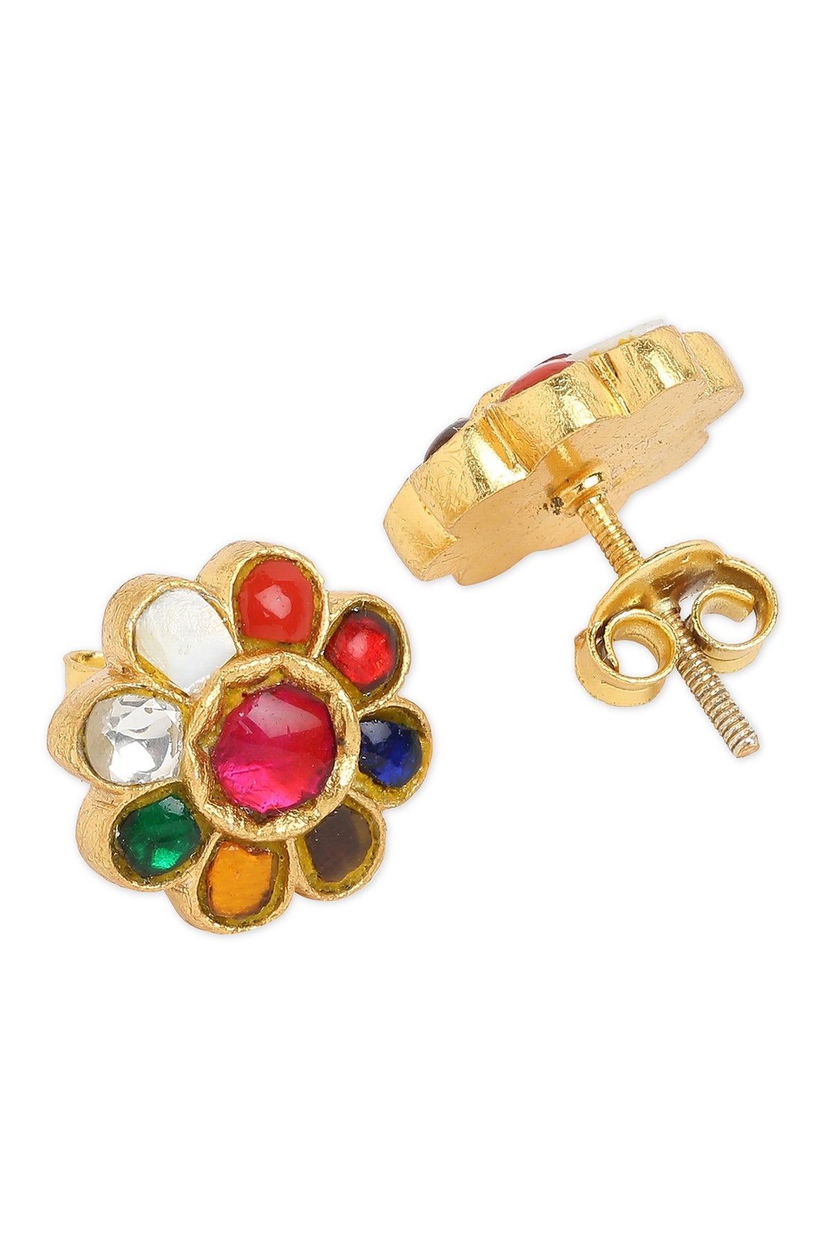 Gold Plated Navratna Stone Stud Earrings In Sterling Silver