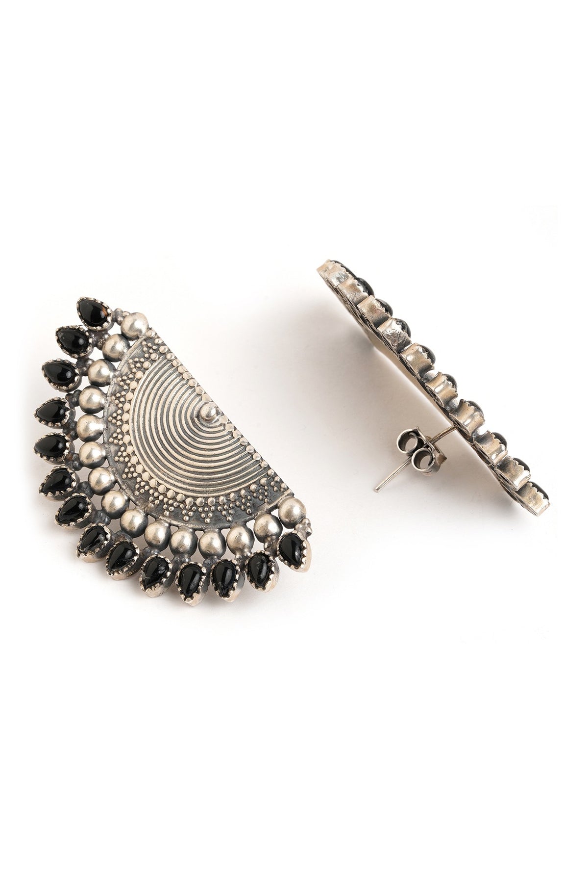 Silver Finish Black Stone Stud Earrings In Sterling Silver
