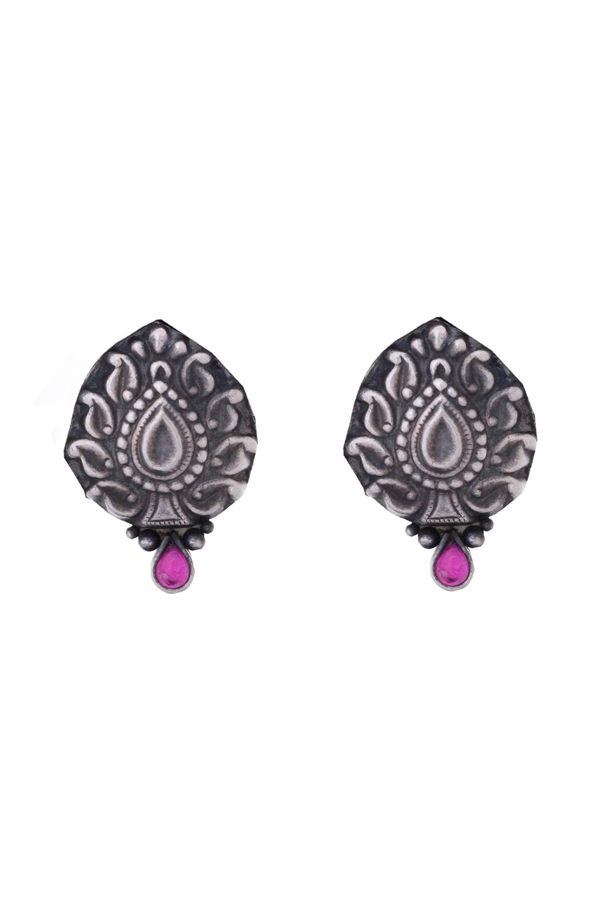 Silver Finish Ruby Glass Stone Stud Earrings In Sterling Silver