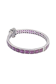 White Finish Ruby & Emerald Square Synthetic Stone Bangle In Sterling Silver