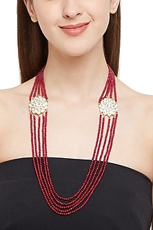 Gold Plated Ruby Beaded Long Necklace In Sterling Silver