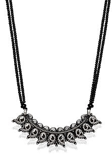 White Finish Black Beaded Long Mangalsutra In Sterling Silver