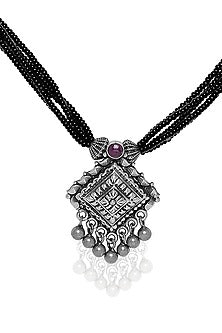 White Finish Black Beaded Pendant Necklace In Sterling Silver