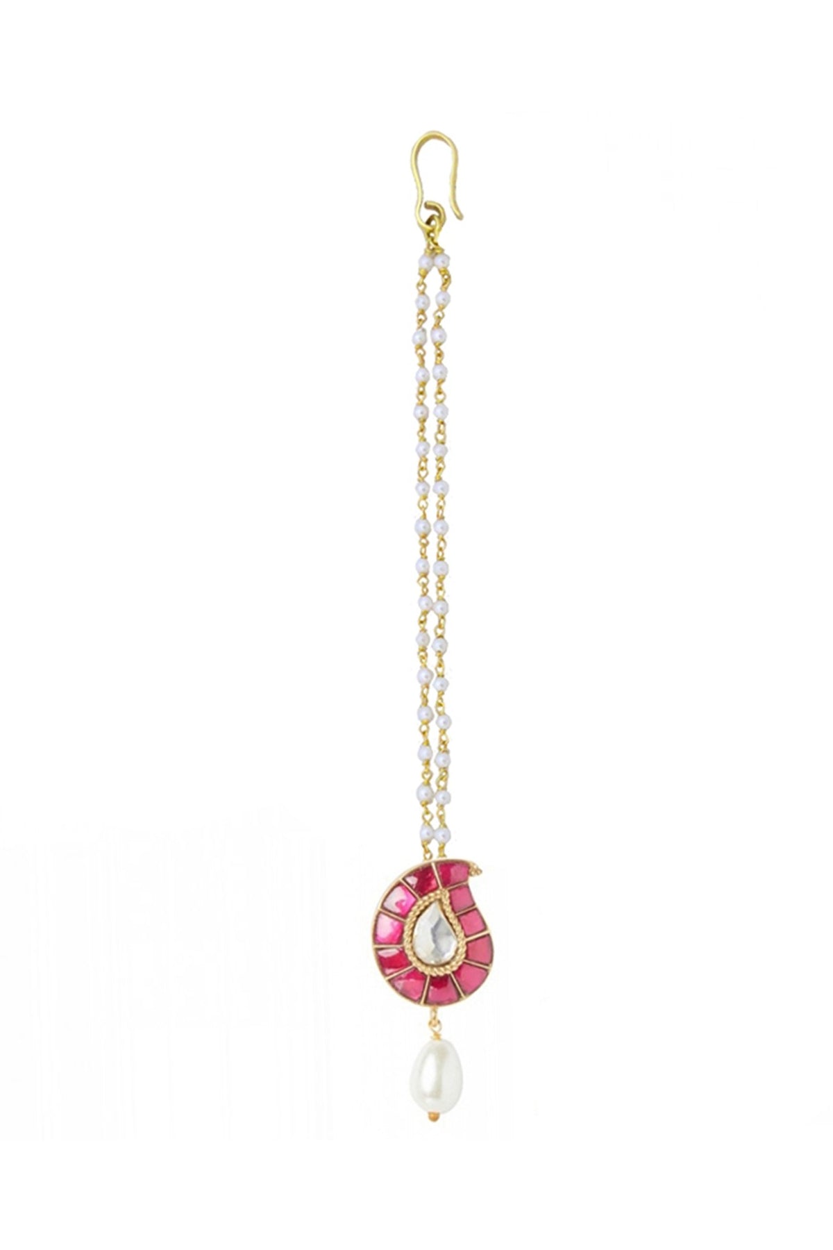 Gold Plated Ruby Glass Maangtikka With Earrings & Ring In Sterling Silver