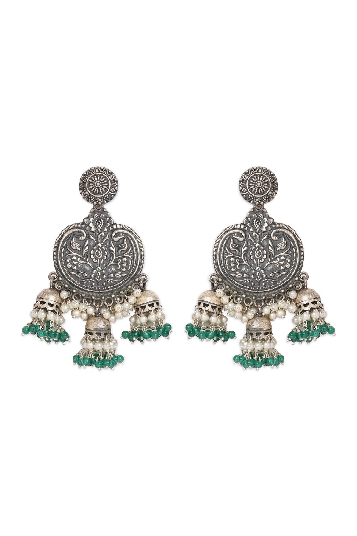 Oxidized Finish Green Beaded Dangler Earrings In Sterling Silver