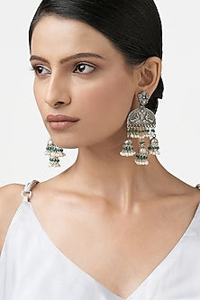 Oxidized Finish Green Beaded Dangler Earrings In Sterling Silver.